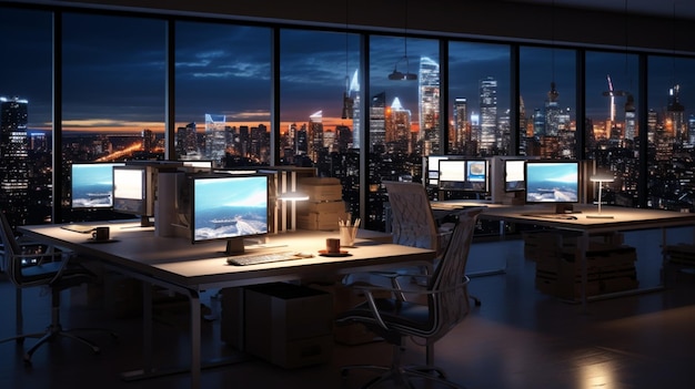 nowoczesna przestrzeń biurowa oświetlona świecącym monitorem komputerowym