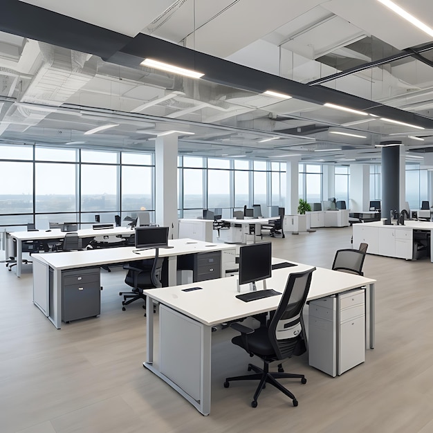 Nowoczesna przestrzeń biurowa z eleganckimi przeszklonymi ściankami działowymi, ergonomicznymi stanowiskami pracy generatywnymi AI
