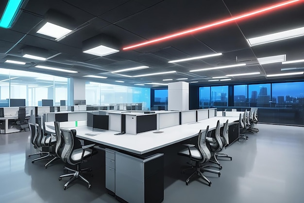 Nowoczesna przestrzeń biurowa z pulpitami z nowoczesnymi komputerami stworzonymi w technologii Generative AI