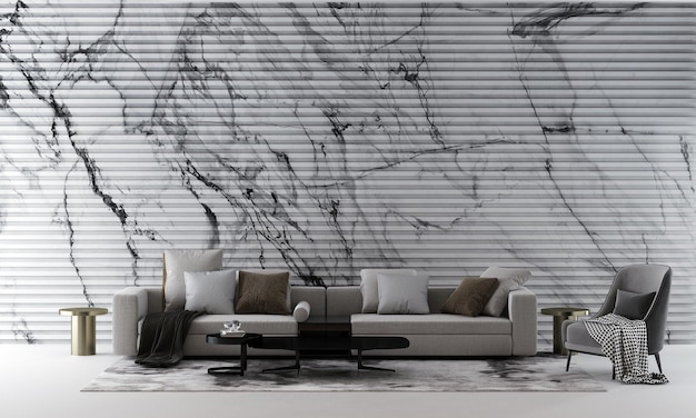 Zdjęcie nowoczesna przytulna sofa i marmurowa ściana we wnętrzu salonu nowoczesny design makiety mebli