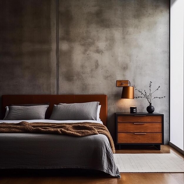 Nowoczesna przytulna wewnętrzna głowa łóżka z drewnianym łóżkiem i teksturowaną ścianą