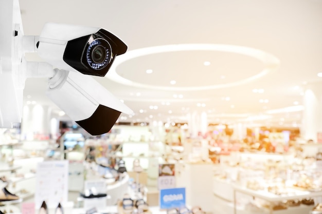 Nowoczesna publiczna kamera CCTV z rozmytym tłem centrum handlowego i przestrzenią do kopiowania
