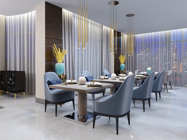 Nowoczesna restauracja wieczorna w hotelu z różnymi meblami i ukrytym oświetleniem sufitowym i wzorami z mozaiki na białych kolumnach. renderowania 3D.