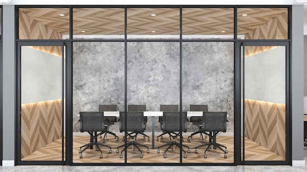 Nowoczesna sala konferencyjna na poddaszu z białym biurkiem i drewnianym wzorem ściennym, drewniana podłoga renderowania 3d