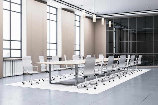 Nowoczesna sala konferencyjna z dużym stołem, białymi krzesłami i szklanymi ścianami w jasnej przestrzeni biurowej z eleganckim wnętrzem i widokiem na miasto 3D Rendering