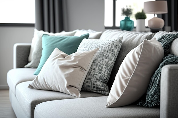 Zdjęcie nowoczesna sofa apartamentowa z wieloma poduszkami
