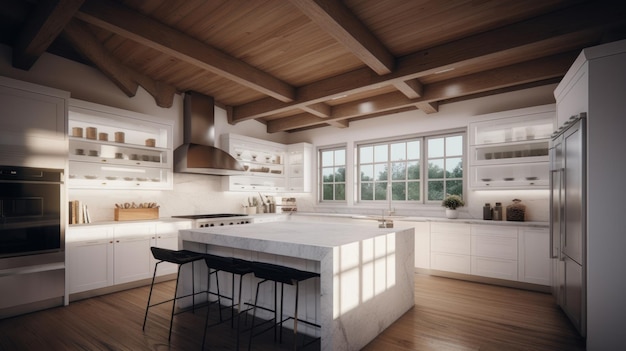 Nowoczesna stylowa biała kuchnia w przestronnym drewnianym domu z dużymi oknami wyspa kuchenna z hrabią
