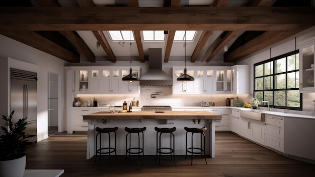 Nowoczesna stylowa biała kuchnia w przestronnym drewnianym domu z dużymi oknami wyspa kuchenna z hrabią