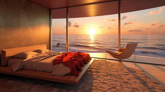 Nowoczesna sypialnia blisko plaży HD 8K tapety tło Stock Obraz fotograficzny