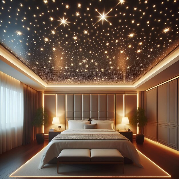 Nowoczesna sypialnia główna z komórkami i oświetleniem LED generowanym przez AI