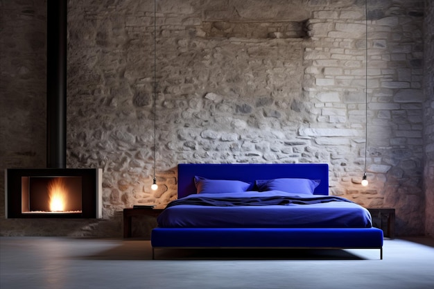 Zdjęcie nowoczesna sypialnia na strychu z ceglaną ścianą, niebieską pościelą i kominem dla przytulnego otoczenia
