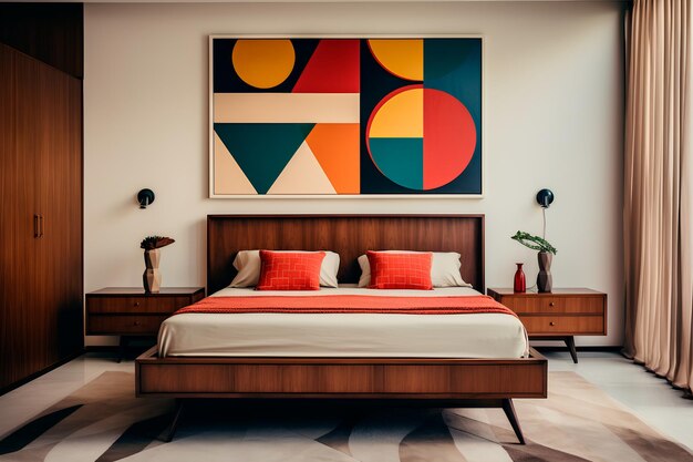 Nowoczesna sypialnia średniowiecza Geometryczny akcent ściana platforma łóżko i vintage dekor encapsulating a