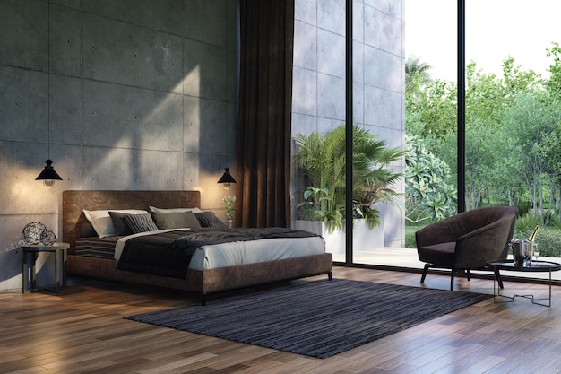 Nowoczesna sypialnia w stylu loft z widokiem na przyrodę 3D
