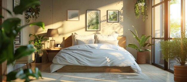 Nowoczesna sypialnia z łóżkiem i roślinami