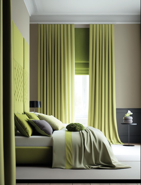 Zdjęcie nowoczesna sypialnia z pistacjowymi zasłonami
