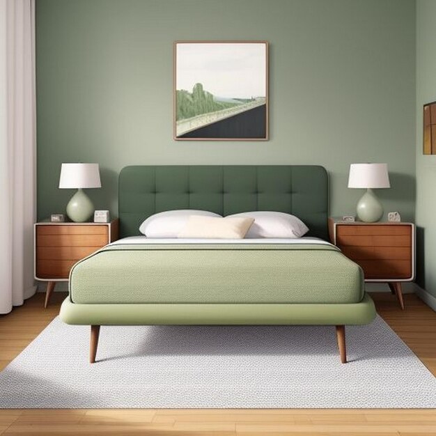 Zdjęcie nowoczesna sypialnia z połowy wieku z geometryczną ścianą akcentową, łóżkiem platformowym i vintage dekoracją