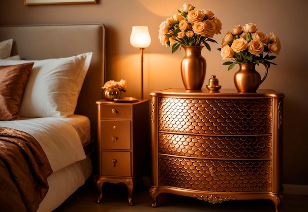 Nowoczesna sypialnia z zbliżeniem szafki nocnej wazon kwiatowy na szafce nocnej w pobliżu łóżka
