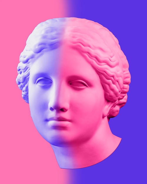 Nowoczesna sztuka konceptualna plakat z niebiesko różowym kolorowym antycznym posągiem głowy Wenus z Milo. Kolaż sztuki współczesnej. Koncepcja plakatów w stylu retro fali.