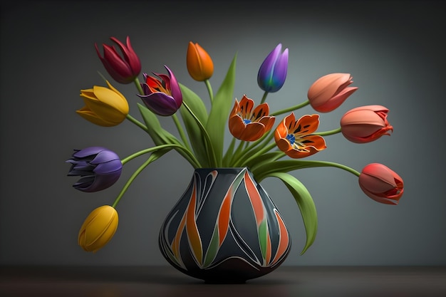 Nowoczesna waza na stole z kolorowymi tulipanami