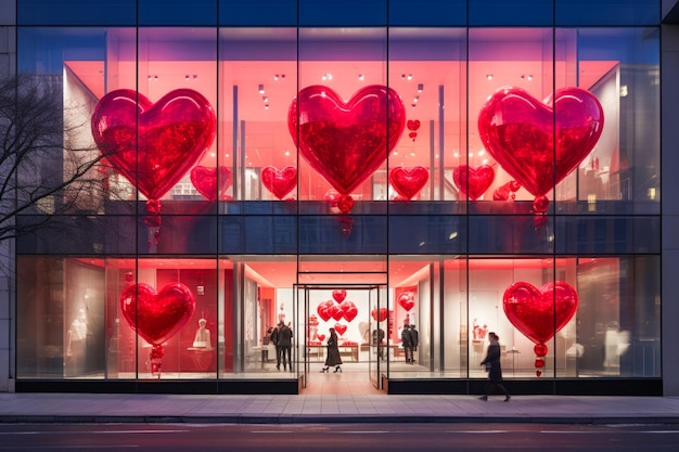 Nowoczesna witryna sklepowa ozdobiona dużymi dekoracjami w kształcie czerwonego serca na Walentynki