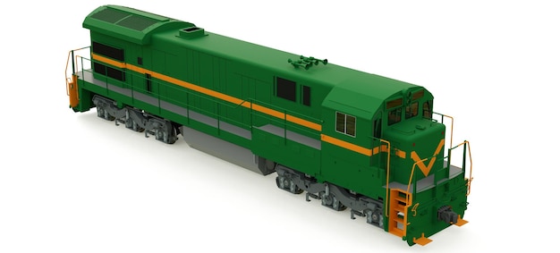 Nowoczesna zielona lokomotywa kolejowa z silnikiem wysokoprężnym o dużej mocy i wytrzymałości do poruszania długich i ciężkich pociągów kolejowych. renderowania 3D.