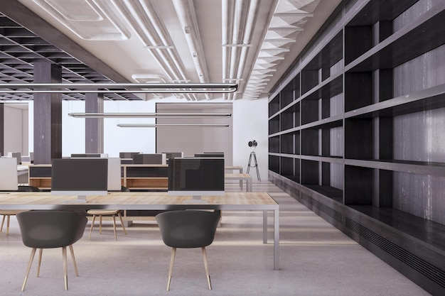 Nowoczesne betonowe i drewniane wnętrze biura coworkingowego z pustymi ekranami komputerowymi, wyposażeniem mebli i światłem dziennym 3D Rendering