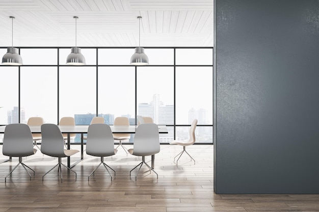 Nowoczesne betonowe i drewniane wnętrze biura sali konferencyjnej z pustym miejscem na makietę na ścianie panoramiczne okna lampy i meble z widokiem na miasto Renderowanie 3D