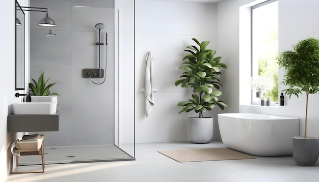 Nowoczesne białe wnętrze łazienki ze stylowym zlewem i szklanym prysznicem