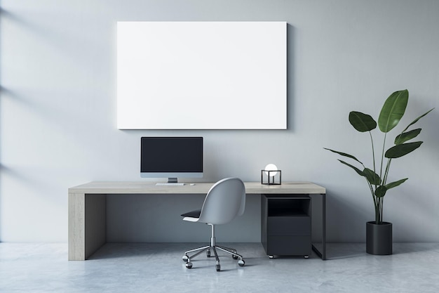 Nowoczesne biurko projektowe z makietą baneru i komputerem we wnętrzu Tło ściany betonowej Rendering 3D