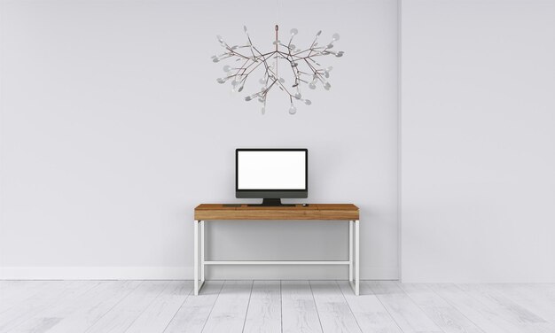 Nowoczesne biurko w czystym i jasnym modelu studyjnym z projektantem na ścianie