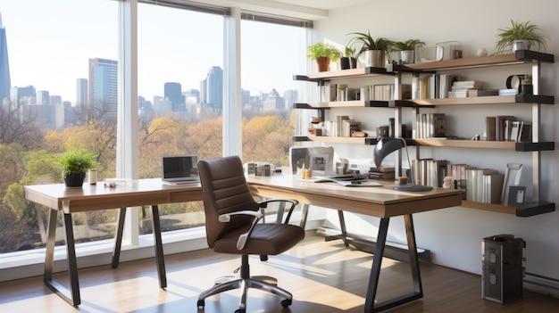 Nowoczesne biuro domowe z dużym biurkiem, wygodnym krzesłem i pięknym widokiem na miasto.