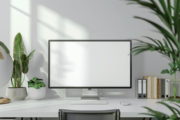 Nowoczesne biuro domowe z monitorem komputerowym i roślinami wewnętrznymi Czysty i stylowy obszar roboczy z Natura
