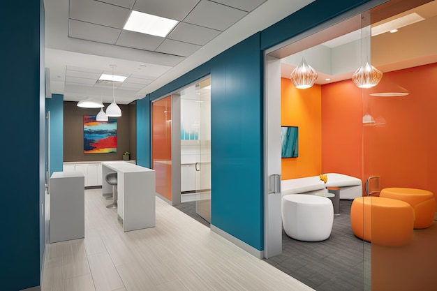 Nowoczesne biuro o eleganckim wyglądzie z żywą paletą kolorów i gradientami na ścianach