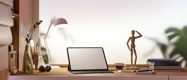 Nowoczesne biuro w domu z przenośnym tabletem i akcesoriami na drewnianym stole renderowania 3d
