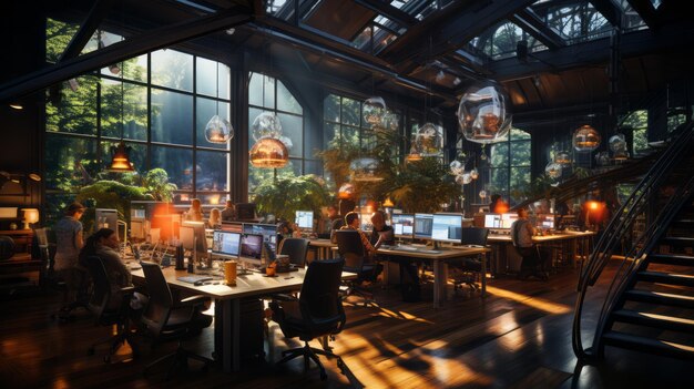 nowoczesne biuro z oświetleniem i przezroczystymi tablicami w całej przestrzeni współczesne biura