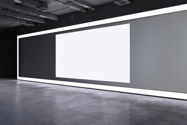 Nowoczesne ciemne grunge betonowe wnętrze hali wystawowej z pustym białym makieta banerem na ścianie renderowania 3D