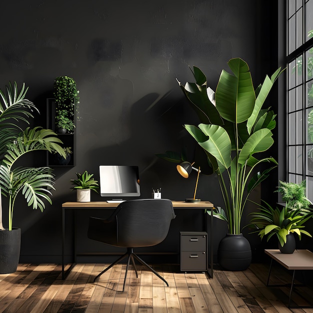 Nowoczesne ciemne wnętrze z meblami i roślinami na tle biurka