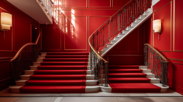 Nowoczesne, czerwone, zabytkowe, luksusowe schody hotelowe, aranżacja wnętrz AI Generated art