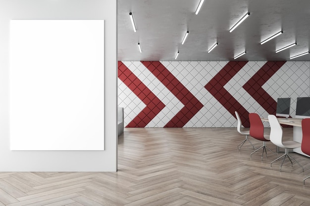 Nowoczesne designerskie wnętrze biura coworkingowego z drewnianymi meblami podłogowymi i pustą białą makieta banera na ścianie Renderowanie 3D