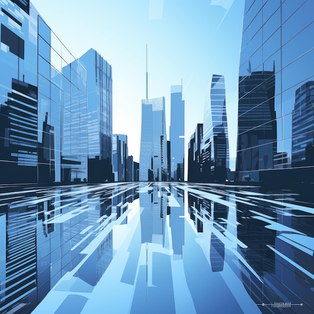 Nowoczesne drapacze chmur inteligentnego miasta futurystyczna dzielnica finansowa graficzna perspektywa budynków i odblasków Architektoniczne niebieskie tło dla szablonu broszury korporacyjnej i biznesowej