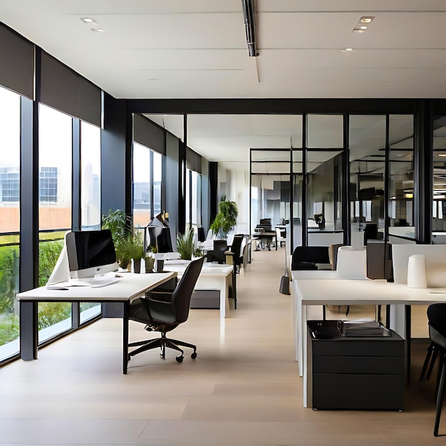 Nowoczesne futurystyczne biura z eleganckimi szklanymi przegródami ergonomiczne stacje robocze generatywne AI