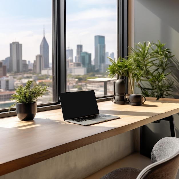 Nowoczesne i minimalistyczne miejsce do pracy z laptopem, rośliną i butelką wody na biurku Generative Ai