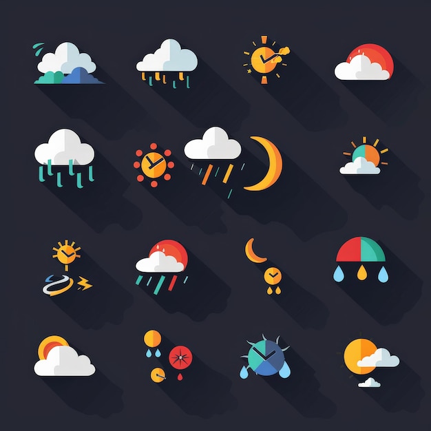 Nowoczesne ikony pogody ustawione płaskie symbole wektorowe na ciemnym tle