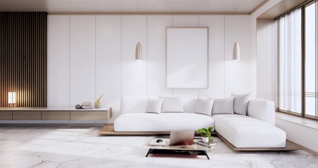 Nowoczesne japońskie wnętrze salonu, mini sofa i stolik w pokoju na białej ścianie w tle. Renderowanie 3D