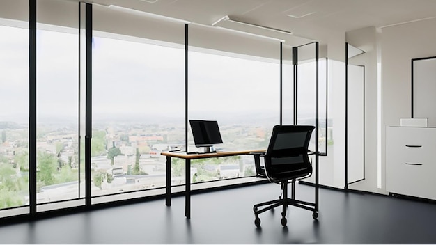 Nowoczesne, jasne biuro z szklanym biurkiem i ergonomicznym krzesłem biurowym dla kierownika firmy