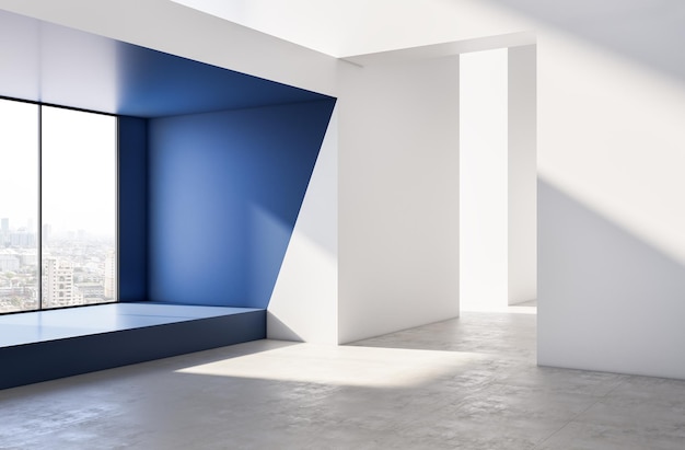Nowoczesne jasne niebiesko-białe puste wnętrze z widokiem na miasto Renderowanie 3D