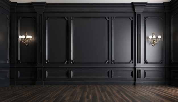 Nowoczesne klasyczne czarne puste wnętrze z panelami ściennymi i drewnianą podłogą
