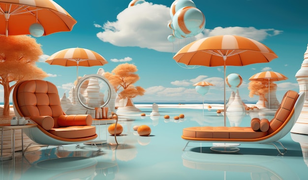 Nowoczesne krzesła plażowe z parasolem na piaszczystej plaży oceanicznej Ekstremalne zbliżenie Generatywna sztuczna inteligencja