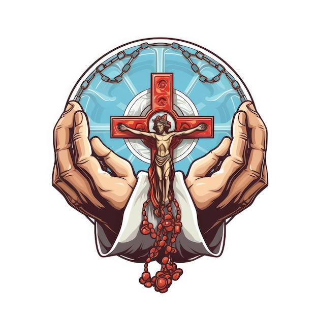 Nowoczesne logo Mystic Gamer z dłonią z krzyżem różańcowym i klimatem gier na białym tle