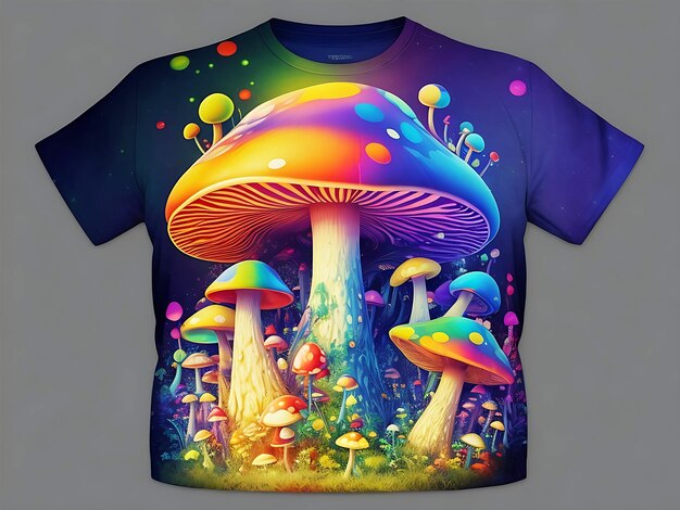 Nowoczesne logo Tshirt magiczny trippy grzybowy świat piękne kolory ai generator